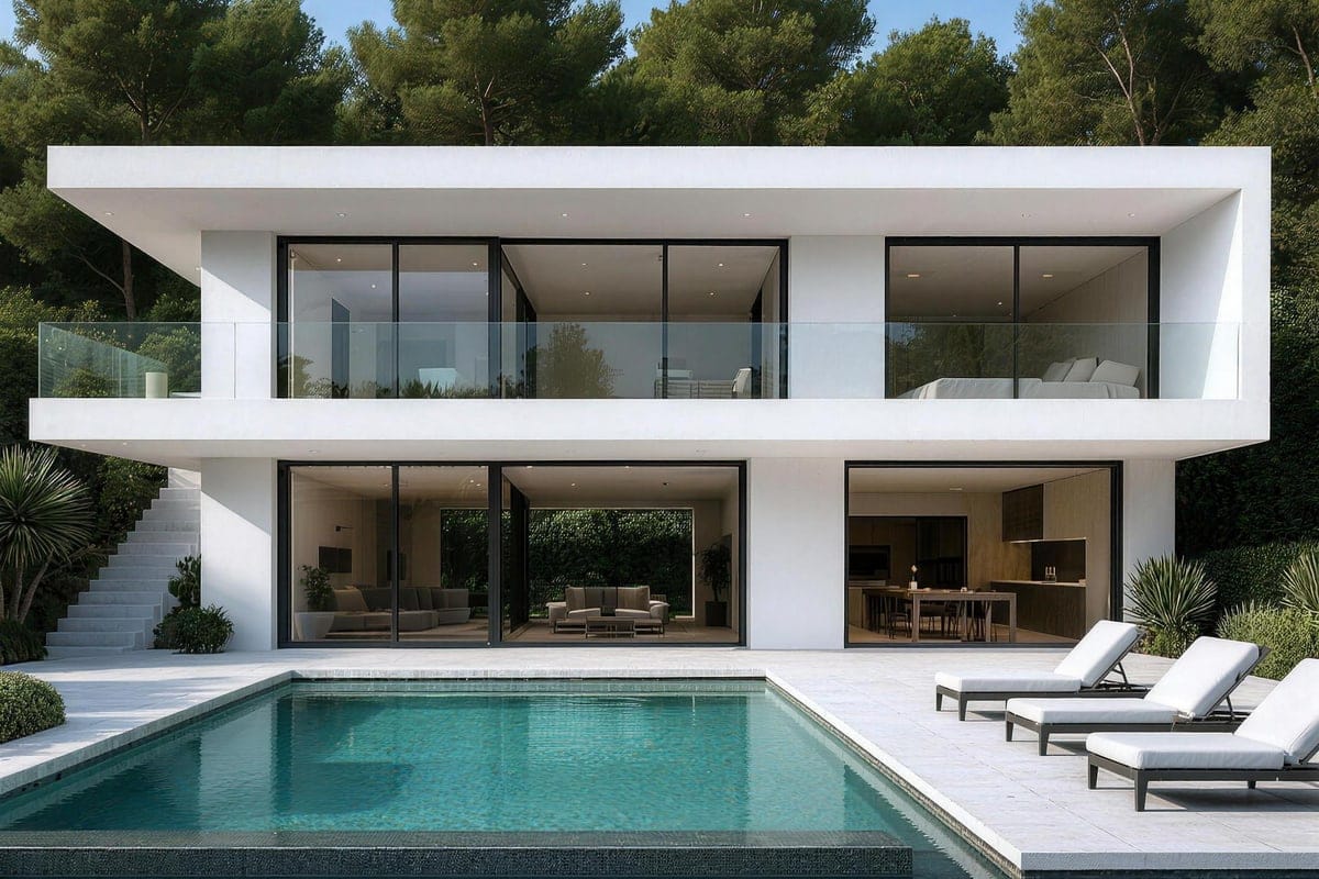 Villa blanca de dos plantas con piscina y pinos al fondo.